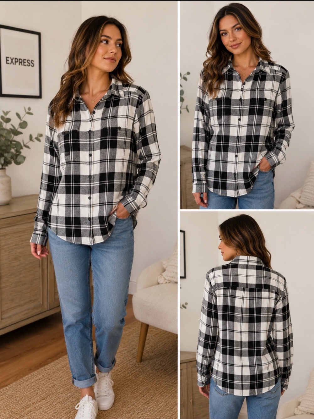 Express Black & White Plaid Button flannel